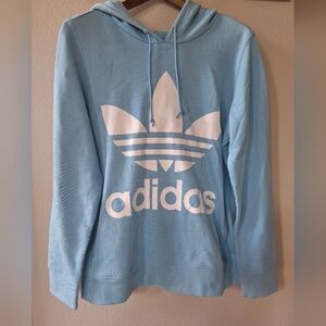 Adidas Light Blue Trefoil Hoodie Sweatshirt Size S Cotton Logo Unisex Oversized
